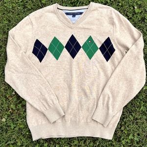 Tommy Hilfiger Oatmeal Sweater with Navy/Green Argyle Pattern Men's L